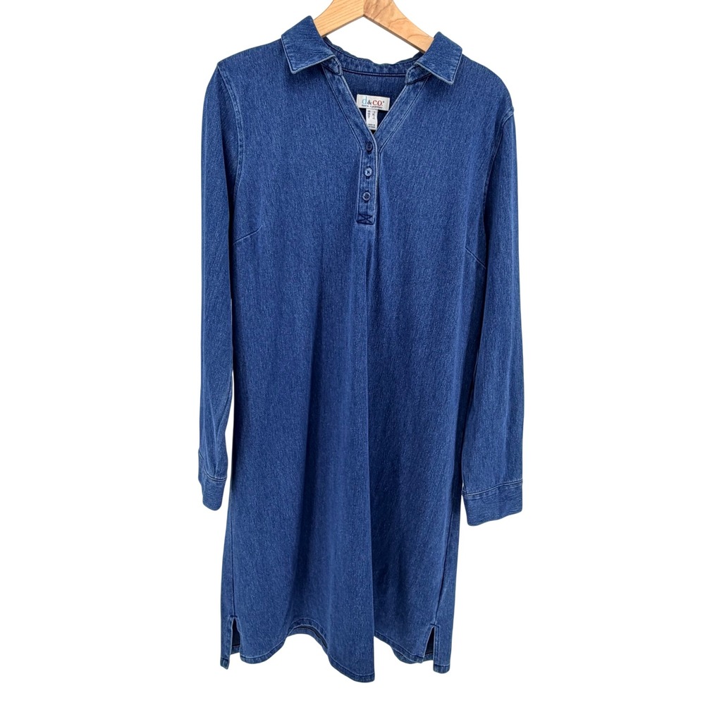 Denim & Co Shirt Dress Large Blue Long Sleeve Stretch Knit Collared V-Neck Tunic